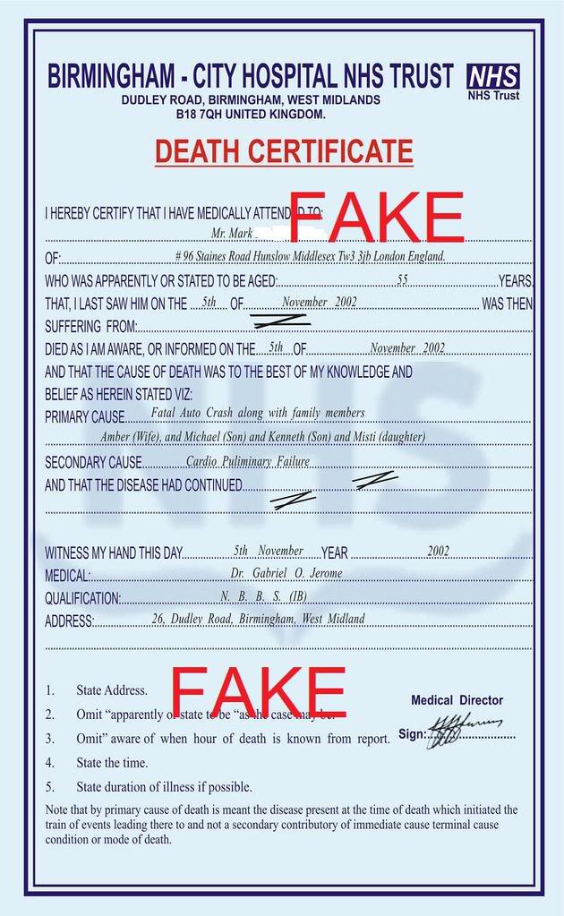 Fake death certificate free